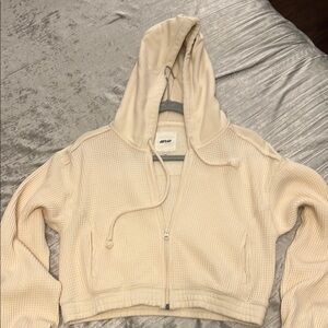 aerie Cream Cropped Waffle Zip Hoodie